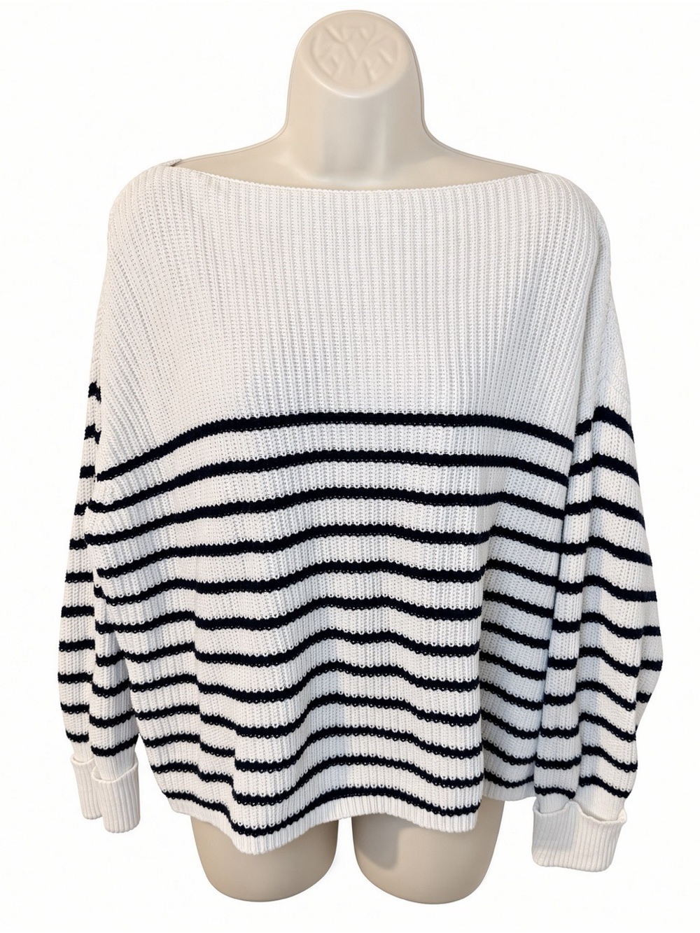French Connection XS White Black Stripe Knit Boat Neck Sweater Cotton